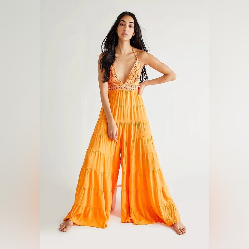 New! Free people harmony jumpsuit wide leg lace halter top - orange yellow Sz XS